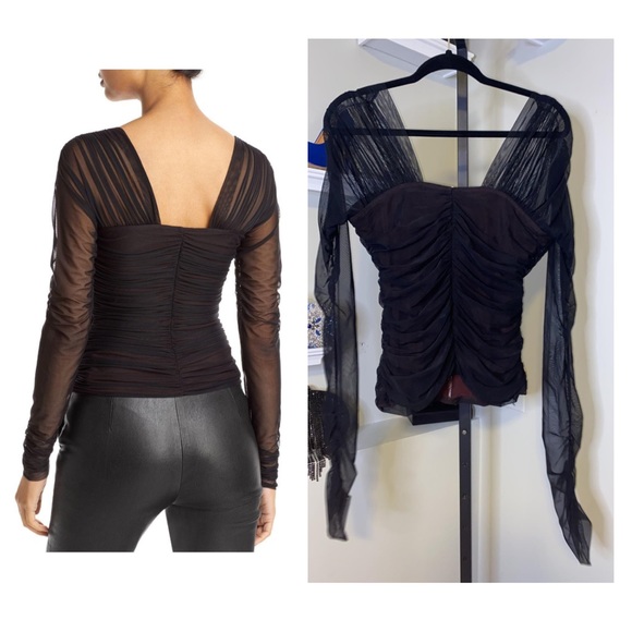 A.L.C Womens Black Mesh Ruched Lined Long Sleeve V Neck Party Top - Picture 2 of 11